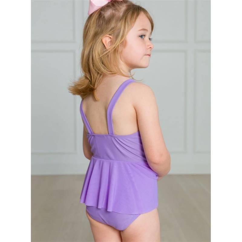 Rufflebutts Amethyst Princess one-piece swimsuit for baby girls, featuring a flared design and thin straps.