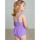Rufflebutts Amethyst Princess one-piece swimsuit for baby girls, featuring a flared design and thin straps.