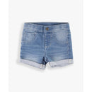 Light wash denim shorts for baby girls, featuring rolled hems and front pockets.