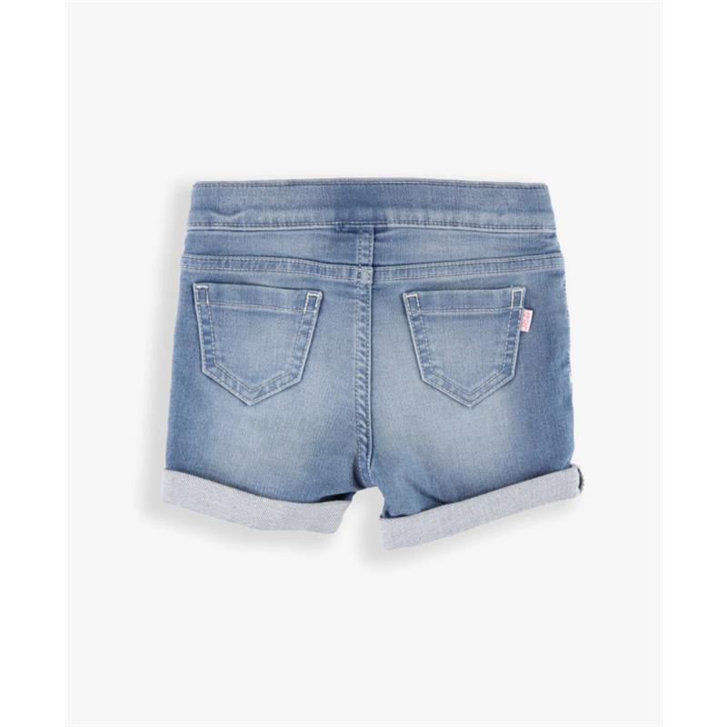 Light wash denim shorts for baby girls with rolled cuffs and back pockets.