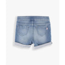 Light wash denim shorts for baby girls with rolled cuffs and back pockets.