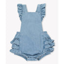 Light wash denim overall romper for baby girls featuring flutter sleeves and ruffled side accents.