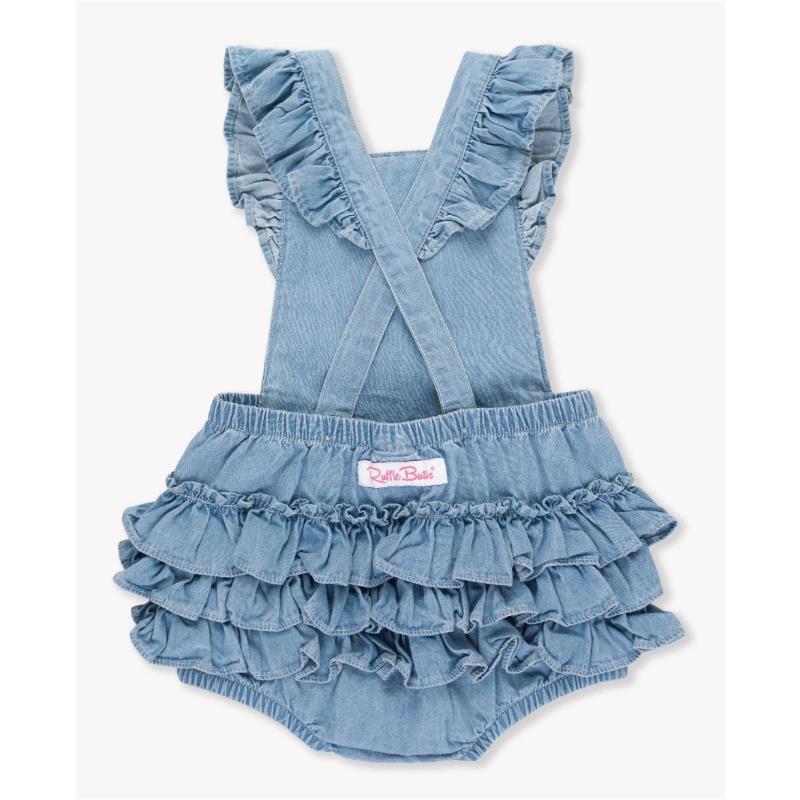 Light wash denim overall romper for baby girls, featuring ruffled straps and a frilly bottom with a Rufflebutts logo.