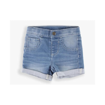 Light wash denim shorts for baby girls with rolled cuffs and front pockets, designed for casual wear.