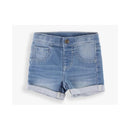 Light wash denim shorts for baby girls with rolled cuffs and front pockets, designed for casual wear.