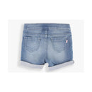Light wash denim shorts for baby girls, featuring rolled hems and two back pockets. Rufflebutts branding detail visible.