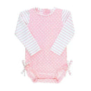 Baby girl long sleeve rash guard in pink with white polka dots and striped sleeves, featuring ruffle details and ties.