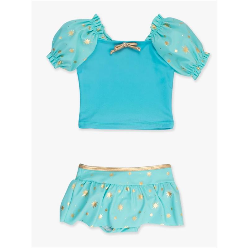 Puff sleeve teal swimsuit for baby girl, featuring golden star patterns and a skirted bottom.