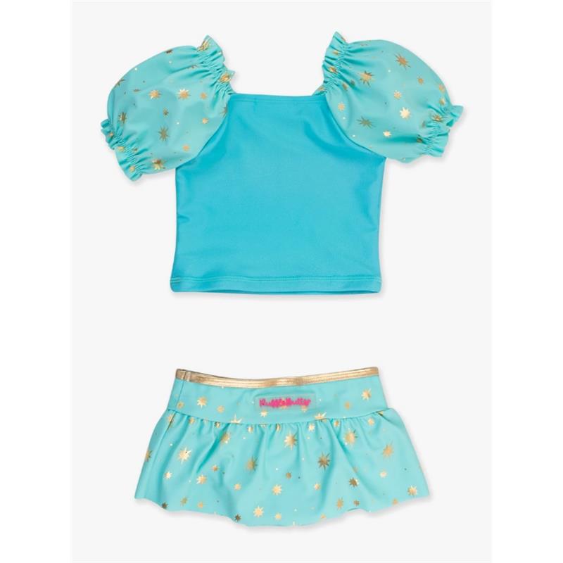 Teal two-piece swimsuit for baby girls, featuring puff sleeves and a skirt with gold star accents.