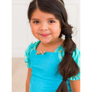 Teal puff sleeve swimsuit with golden star accents, worn by a smiling young girl with long hair styled in a braid.
