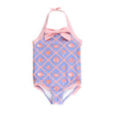 Lilac seersucker one-piece rash guard for baby girls featuring a pink bow and playful sea-themed print.