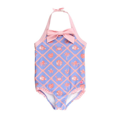 Lilac seersucker one-piece rash guard for baby girls featuring a pink bow and playful sea-themed print.