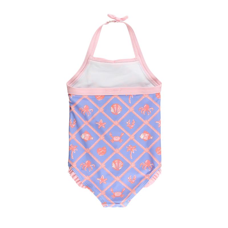 Baby girl one-piece rash guard in lilac with pink trim, featuring ocean-themed patterns of shells and sea creatures.