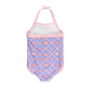 Baby girl one-piece rash guard in lilac with pink trim, featuring ocean-themed patterns of shells and sea creatures.