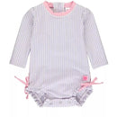 Lavender seersucker long sleeve one-piece rash guard for baby girls with pink trim and side ties.