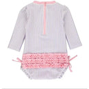Lavender seersucker long sleeve one-piece rash guard for baby girls, featuring pink ruffle trim and back zipper closure.