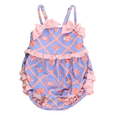Tropical-themed one-piece romper swimsuit for baby girls, featuring pink bows and signature rear ruffles.