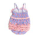 One-piece baby swimsuit in a tropical trellis design, featuring blue fabric with coral sea life patterns and rear ruffles.