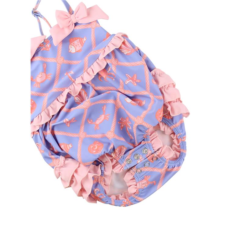 Baby girls one-piece swimsuit featuring tropical patterns, ruffle details, and a pink bow, perfect for summer fun.