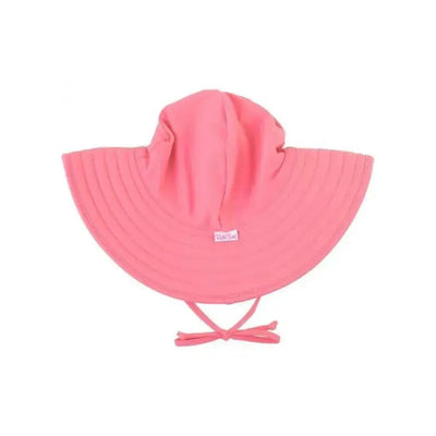 Baby pink sun hat with wide brim and drawstring, designed for sun protection, featuring the Rufflebutts label.