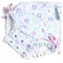 Long sleeve one-piece rash guard featuring a pastel floral design with ruffle details and snap closures.
