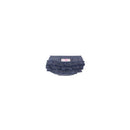 Faux denim knit diaper cover with ruffles, featuring a pink label, designed for toddlers.
