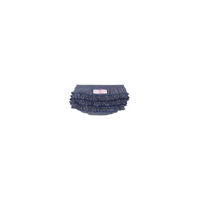 Faux denim knit diaper cover with ruffles, featuring a pink label, designed for toddlers.