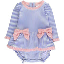 Periwinkle blue long sleeve one-piece swimsuit with pink polka dot bows and ruffled hem, designed for girls.