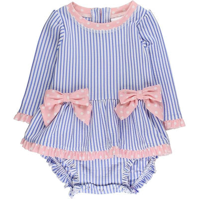Periwinkle blue long sleeve one-piece swimsuit with pink polka dot bows and ruffled hem, designed for girls.
