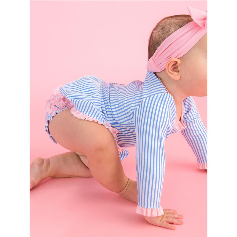 Periwinkle blue seersucker one-piece swimsuit for girls, featuring long sleeves, a bow peplum, and ruffled details.