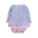 Periwinkle blue long sleeve one-piece rash guard swimsuit for girls with a peplum, zipper, and pink accents.