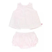 Girls pink seersucker swing top with ric rac trim and bloomers featuring ruffled edges, perfect for playful outfits.