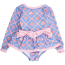 Rufflebutts Girls long sleeve one-piece swimsuit features a tropical pattern with sea creatures and a pink bow peplum design.