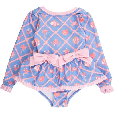 Rufflebutts Girls long sleeve one-piece swimsuit features a tropical pattern with sea creatures and a pink bow peplum design.