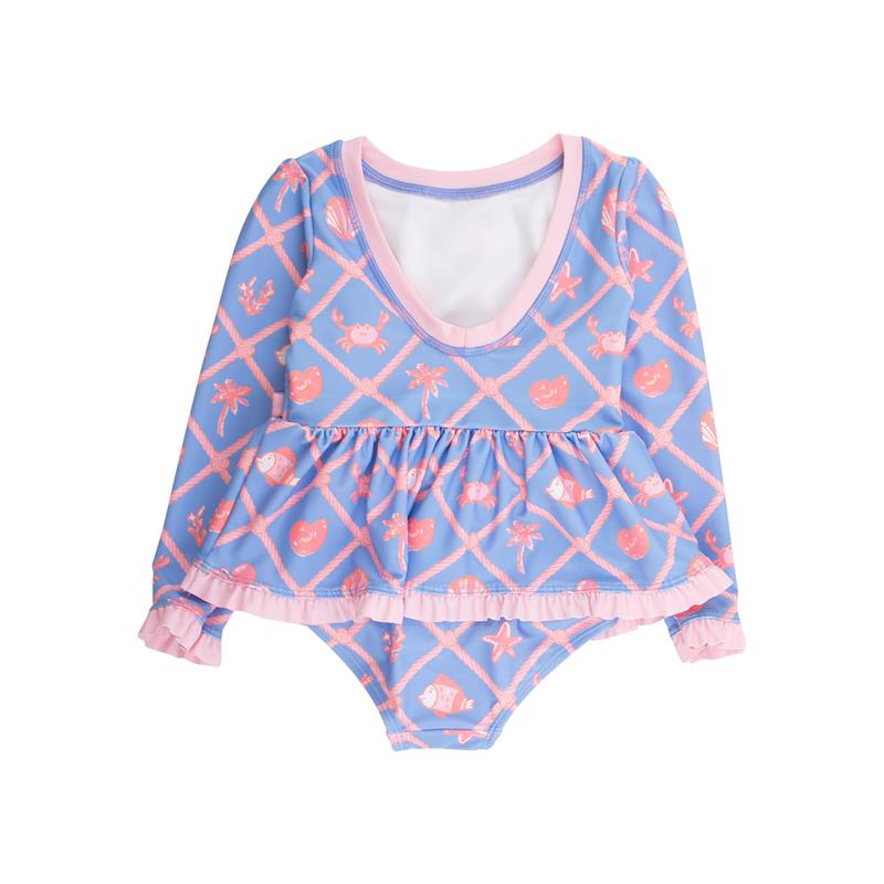 Long-sleeve one-piece swimsuit for girls, featuring a tropical pattern with crabs and fish, in blue and pink colors.