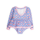 Long-sleeve one-piece swimsuit for girls, featuring a tropical pattern with crabs and fish, in blue and pink colors.