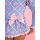 Rufflebutts tropical print long sleeve one-piece swimsuit features a pink bow peplum and sea creature designs on a blue background.