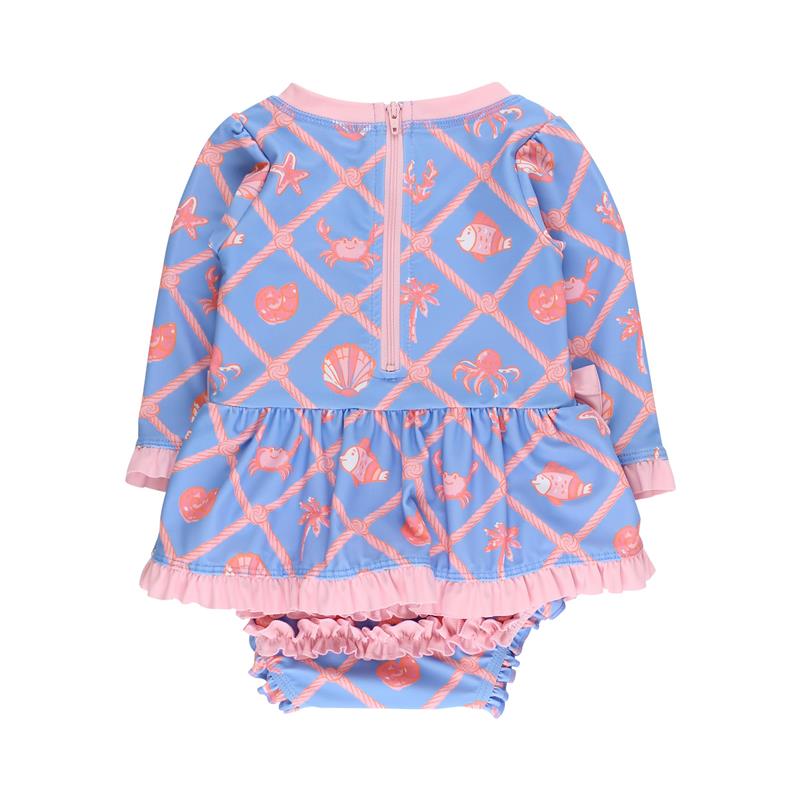 Rufflebutts Girls Tropical Trellis Long Sleeve One Piece Bow Peplum Rash Guard With Zipper Image 4