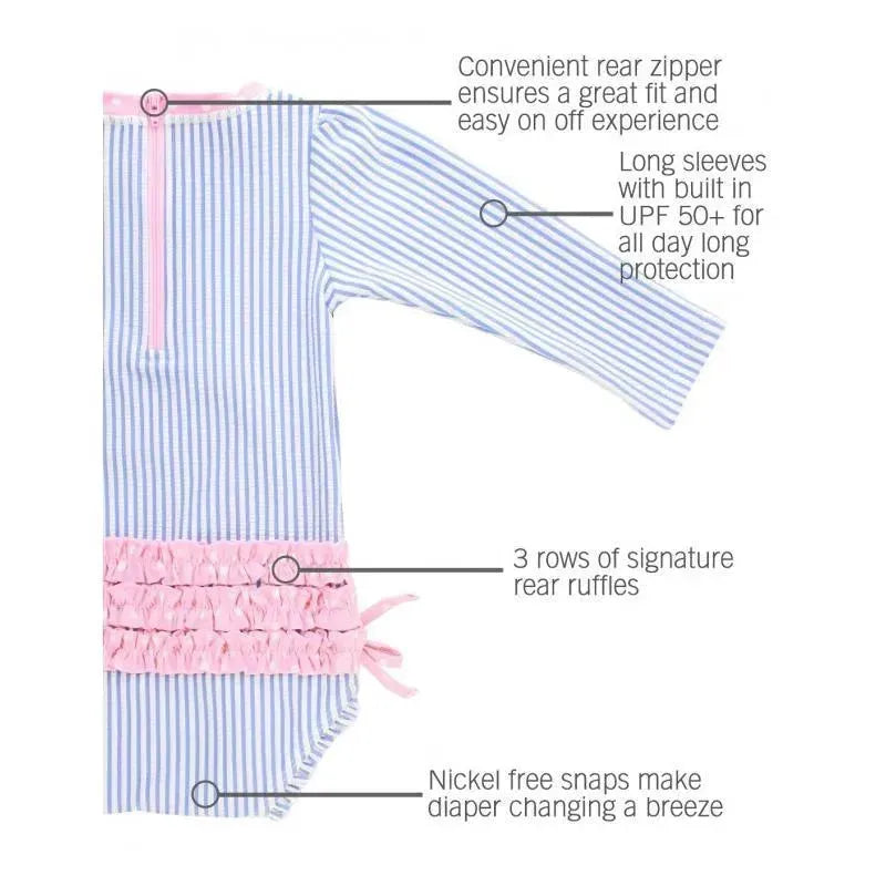 Periwinkle blue seersucker one-piece rash guard with long sleeves, rear zipper, and pink ruffles. Features UPF 50+ protection.