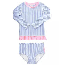 Periwinkle blue seersucker rash guard bikini set featuring long sleeves, pink ruffle trim, and coordinating bottoms.