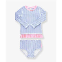 Periwinkle blue seersucker rash guard bikini set with long sleeves and pink ruffled trim; includes matching bottom.