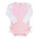 Pink polka dot one-piece rash guard with long striped sleeves and side ties, designed for infants 6 to 12 months.