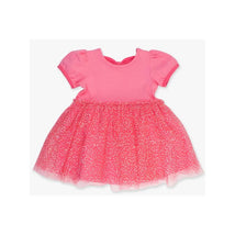 Baby girl pink short sleeve dress featuring a solid bodice and a twirly, glittery tulle skirt with white speckles.