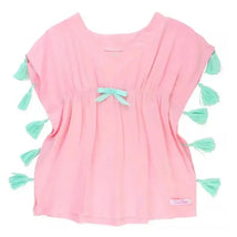 Pink tassel kaftan cover-up with mint green tassels and a center bow, designed for beachwear or swim cover-up.