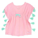 Pink tassel kaftan cover-up with mint green tassels and a center bow, designed for beachwear or swim cover-up.