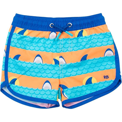 Boys swim trunks featuring a dolphin hem design with colorful wave and shark graphics, made for sun protection.