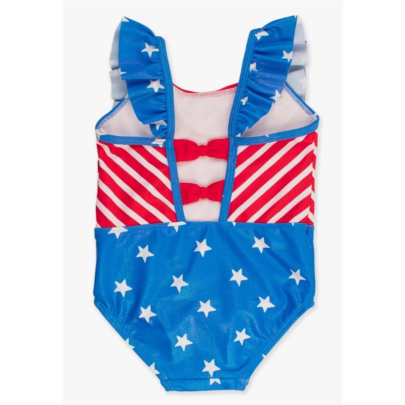 Rufflebutts Shimmer Stars & Stripes pinafore one-piece features red and white stripes, blue fabric with white stars, and ruffle straps.