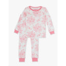 Toddler long sleeve pajama set in bubblegum pink with floral and butterfly patterns, featuring pink cuffs and neckline.