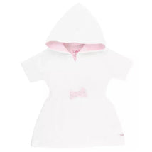 RuffleButts white and pink seersucker terry cover-up featuring a hood and a pink striped bow detail on the front.