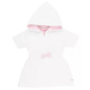 RuffleButts white and pink seersucker terry cover-up featuring a hood and a pink striped bow detail on the front.
